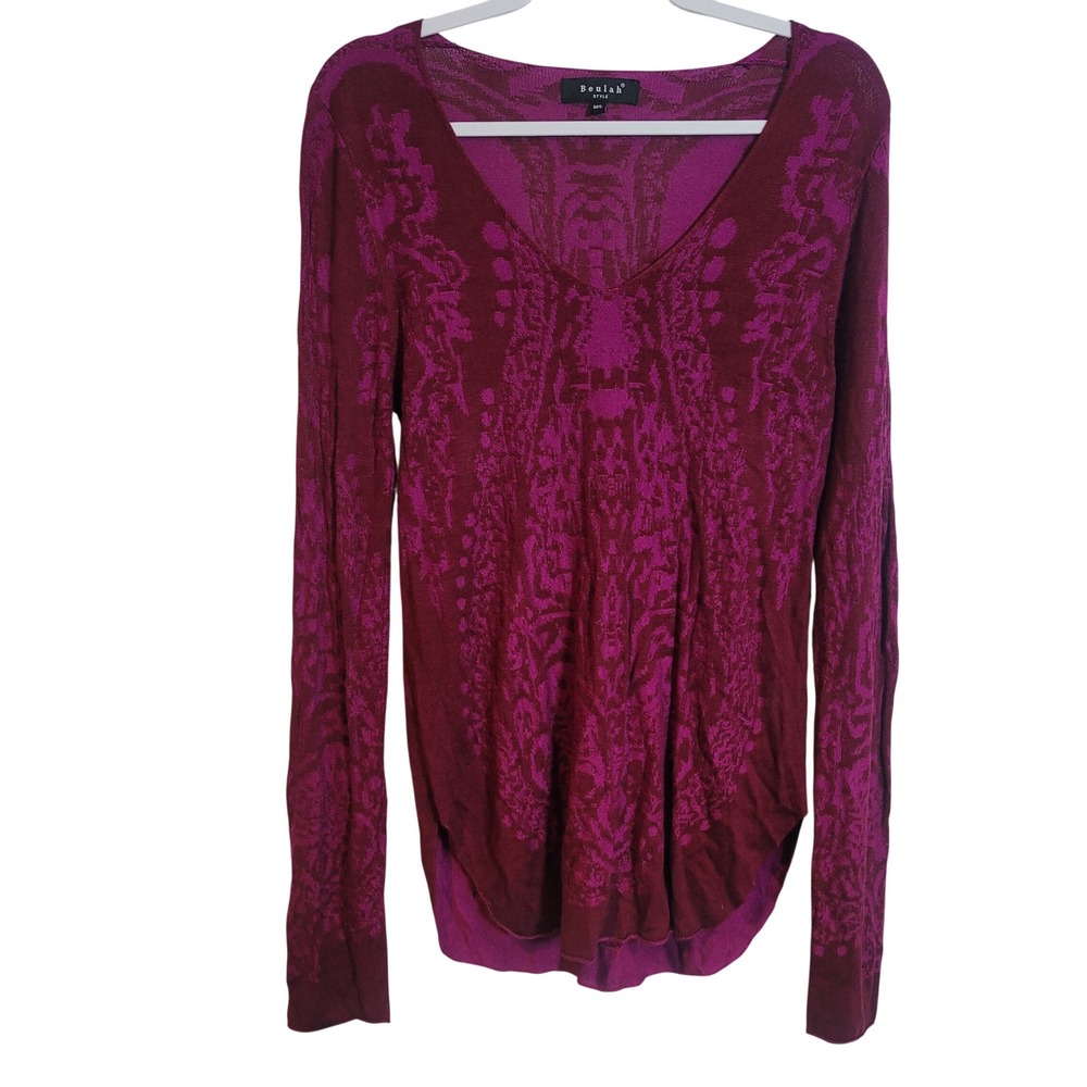 Beulah Womens‎ Burgundy Magenta Damask Knit V-Neck Long Sleeve Sweater Top M/L